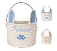 Personalized Easter Basket, Embroidered Easter Bunny Decoration, Easter Accessories with Name, Cotton Easter Gift Basket for Easter Egg Hunt for Boys and Girls (Blue Bunny)