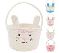 Personalized Easter Basket, Embroidered Easter Bunny Decoration, Easter Accessories with Name, Cotton Easter Gift Basket for Easter Egg Hunt for Boys and Girls (White)