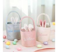 Personalized Easter Basket, Embroidered Easter Bunny Decoration with Name, Mini Basket with Ears and Tail for Kids , Easter Gift for Easter Egg Hunt 13cm×14.5cm (3 Baskets)