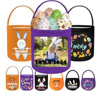 Personalized Easter Basket for Boys Girls Kids Custom Buny Canvas Easter Bucket with Name Photo Eggs Candy Tote Gifts