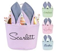 Personalized Easter Basket - Monogrammed with Name,Seersucker Easter Egg Hunt Baskets for Boys Girls,Custom Bunny Basket for Easter