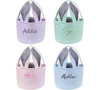 Personalized Easter Basket Seersucker Egg Hunt Bunny Baskets for Kids,Custom Embroidered Easter Basket with Name for Party Gifts,with Cute Rabbit Ears Stripe Storage (Green,19x23cm)
