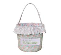 Personalized Easter Basket with Name for Kids Custom Embroidered Floral Bunny Egg Hunt Bag for Boys Girls Gingham Canvas Storage Bucket Cotton Rabbit Party Tote, Nursery Decor Storage Pouch