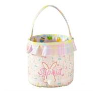 Personalized Easter Basket with Name for Kids Custom Embroidered Floral Bunny Egg Hunt Bag for Boys Girls Gingham Canvas Storage Bucket Cotton Rabbit Party Tote, Nursery Decor Storage Pouch