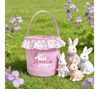 Personalized Easter Basket with Name for Kids Custom Embroidered Floral Bunny Egg Hunt Bag for Boys Girls Gingham Canvas Storage Bucket Cotton Rabbit Party Tote, Nursery Decor Storage Pouch