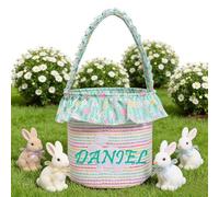 Personalized Easter Basket with Name for Kids Custom Embroidered Floral Bunny Egg Hunt Bag for Boys Girls Gingham Canvas Storage Bucket Cotton Rabbit Party Tote, Nursery Decor Storage Pouch