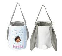 Personalized Easter Basket With Picture Image For Kids, Custom Easter Bunny Storage Bucket Egg Hunting Bags for Boy Girls, Easter Rabbit Party Tote Bags Baby Gifts (Light Gray)