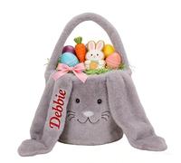 Personalized Easter Bunny Basket, Custom Name Easter Bucket Bags with Rabbit Ears for Easter Eggs Hunting, Easter Decorations, Cute Children’s Gift & Bedroom Organiser for Snacks Stationery (Grey)