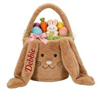 Personalized Easter Bunny Basket, Custom Name Easter Bucket Bags with Rabbit Ears for Easter Eggs Hunting, Easter Decorations, Cute Children’s Gift & Bedroom Organiser for Snacks Stationery (Brown)
