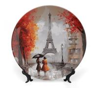 Personalized Eiffel Tower Paris Painting Ceramic Plate 8inch Boho Bone China Decorative Plate for Home Decor Ceramic Display Plates with Stand & Hook Wall Or Tabletop Art, Gift for Holidays & Dining