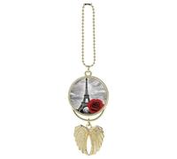 Personalized Eiffel Tower Red Rose Car Rearview Mirror Ornament Double Side Custom Photo Picture Car Hanging Pendant Accessories Alloy Angel Wings Vehicle Decoration Golden