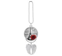 Personalized Eiffel Tower Red Rose Car Rearview Mirror Ornament Double Side Custom Photo Picture Car Hanging Pendant Accessories Alloy Angel Wings Vehicle Decoration Silver