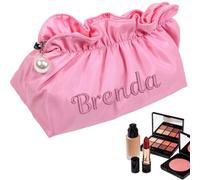 Personalized Embroidered Cloud Makeup Bag with Name, Large Capacity Pleated Cosmetic Pouch, Travel Toiletry Organiser & Gift for Women，Travel Toiletry Organiser Large Capacity (Pink)