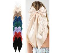 Personalized Embroidered Name Hair Bows Cute Large Bow Hair Clips with Long Tails,Custom Name Silky Satin Ribbon Bows for Hair for Women Girls,Wedding Hair Accessories,Bride Bridesmaid Gift (4pcs)