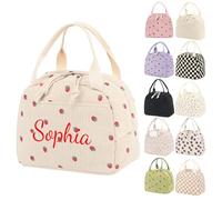 Personalized Embroidery Customizable Name Lunch Bag, Corduroy Material, Size 25.4x19x18cm, 9.5L, Double Zipper Design, Multiple Choices (Beige (Strawberry))