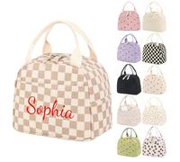 Personalized Embroidery Customizable Name Lunch Bag, Corduroy Material, Size 25.4x19x18cm, 9.5L, Double Zipper Design, Multiple Choices (Beige (Grid))