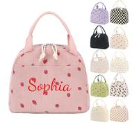 Personalized Embroidery Customizable Name Lunch Bag, Corduroy Material, Size 25.4x19x18cm, 9.5L, Double Zipper Design, Multiple Choices (Pink)