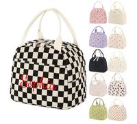 Personalized Embroidery Customizable Name Lunch Bag, Corduroy Material, Size 25.4x19x18cm, 9.5L, Double Zipper Design, Multiple Choices (Black (Grid))