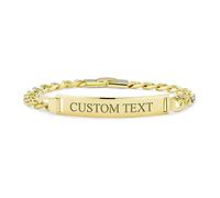 Personalized Engravable Men's Solid Name Bar Plated Identification ID Bracelet For Men Boys Cuban Curb Chain Link 18K Yellow Gold Plated 8 Inch Custom Engraved