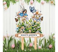 Personalized Fairy Garden Signs with Stake,Custom Flowers Metal Sign for Outside,Customized Butterfly Floral Welcome Plaque for Birthday Housewarming Gift,Gardening Ornaments for Lawn Yard Outdoor