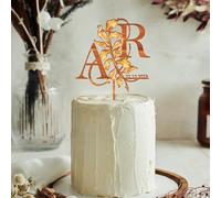 Personalized Fall Wedding Cake Topper in Wood Custom Bride and Groom Initial Cake Topper Wedding Date Cake Decoration (Fall Leaves)