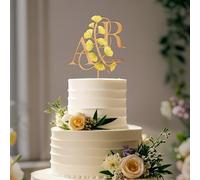 Personalized Fall Wedding Cake Topper in Wood Custom Bride and Groom Initial Cake Topper Wedding Date Cake Decoration (Gingko leaves)