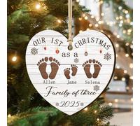 Personalized Family of Three Footprints Ornament Custom Our First Christmas As A Family of 3 Footprints Christmas Ornament Wooden Family Keepsake Gifts for New Baby Mom Dad Dog Parents,01
