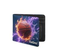 Personalized Fire Basketball Leather Wallet Custom Name Basketball Player Wallet 2D Print Sport Travel Billfold Wallets Sport Lover Gift for Women Men Son Daughter Fathers Day Christmas Birthday