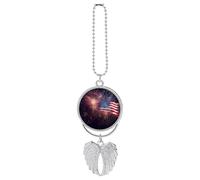 Personalized Firework American Flag Car Rearview Mirror Ornament Double Side Custom Photo Picture Car Hanging Pendant Accessories Alloy Angel Wings Vehicle Decoration Silver