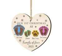 Personalized First Christmas As A Family of Four Footprints Ornament Custom Family, Baby Pet Names 2-Layered Wooden Ornaments, Xmas Tree Crafts Gifts for New Mom & Parents 2