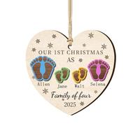 Personalized First Christmas As A Family of Four Footprints Ornament Custom Family, Baby Pet Names 2-Layered Wooden Ornaments, Xmas Tree Crafts Gifts for New Mom & Parents 1