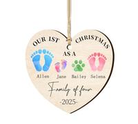 Personalized First Christmas As A Family of Four Footprints Ornament Custom Family, Baby Pet Names 2-Layered Wooden Ornaments, Xmas Tree Crafts Gifts for New Mom & Parents 1