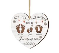 Personalized First Christmas As A Family of Three Footprints Ornament Custom Family, Baby Pet Names 2-Layered Wooden Ornaments, Xmas Tree Crafts Gifts for New Mom & Parents 1