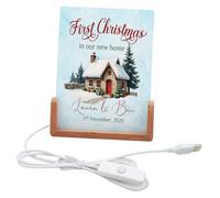 Personalized - "First Christmas In Our New Home" Custom Names & Date | Light Up X-mas Gift for New Couple - Acrylic Photo Frame With LED Light And Wood Stand. (4 x 6 Vertical)
