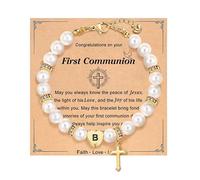 Personalized First Communion Gifts for Daughter Niece, Initial Cross Pearl Bracelet for Catholic, Goddaughter Communion Gifts from Godparent, M, Stainless Steel, no gemstone