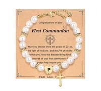 Personalized First Communion Gifts for Daughter Niece, Initial Cross Pearl Bracelet for Catholic, Goddaughter Communion Gifts from Godparent, M, Stainless Steel, no gemstone