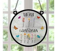 Personalized First Mom Now Grandma Window Hanging Suncatcher Custom Birth Flowers Ornament with 1-15 Name Love Grows Here Suncacther Mom Grandma Gifts for Birthday Anniversary,04