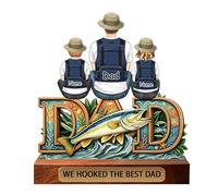 Personalized Fishing Dad 2D Flat Wood Plaque - We Hooked The Best Dad Custom Kids Names Wood Base Sign, Fisherman Dads And Kids Sitting On Text Desk Decor, Rustic Home Decor For Grandpa Husband Him