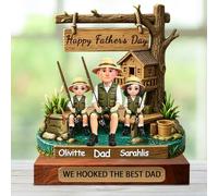 Personalized Fishing Dad And Kids Sitting Together Wooden Plaque, Custom We Hooked The Best Dad Fishing Sign with Kids Names, Fathers Day Family Fishing Home Decor Gifts for Daddy Grandpa Husband