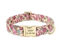 Personalized Floral Dog Collar and Leash Set Custom Pet ID Collar Dog Engraved Collar(Beige Collar,S)