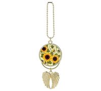 Personalized Floral Sunflower Car Rearview Mirror Ornament Double Side Custom Photo Picture Car Hanging Pendant Accessories Alloy Angel Wings Vehicle Decoration Golden