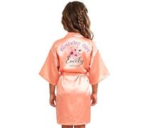 Personalized Flower Girl Robe Floral Satin - Custom Kids Wedding Kimono with Name & Initial, Pink Junior Bridesmaid Gown, Birthday Party Dress Up, Toddler Through Youth Sizes