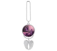 Personalized Flowers and Purple Butterfly Car Rearview Mirror Ornament Double Side Custom Photo Picture Car Hanging Pendant Accessories Alloy Angel Wings Vehicle Decoration Silver
