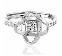 Personalized Four-Leaf Clover Eternal Heart Adjustable Ring, 925 Silver Custom Names Lucky Four-Leaf Clover Cubic Zirconia Mothers Ring, Promise Rings Jewelry Gifts for Women