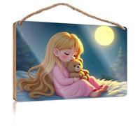 Personalized Front Door Sign Girl with Teddy Bear Under The Moonlight Wooden Sign Fall Office Decor Front Door Sign Funny(23X35CM)
