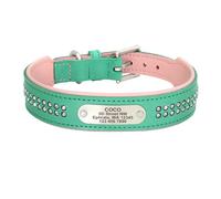 Personalized Genuine Leather Dog Collar Crystal Diamond Soft Collar Necklace Customized ID Name(Green 2,L)