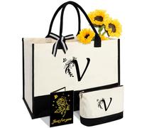 Personalized Gifts for Women - Initial Canvas Tote Bag & Makeup Bag, Custom Bags for Beach, Christmas, Wedding, Birthday, Holiday, Monogram Birthday Gifts for Women, Mum, Wife, Teacher, Friend-V