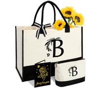 Personalized Gifts for Women - Initial Canvas Tote Bag with Makeup Bag - B