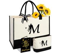 Personalized Gifts for Women - Initial Canvas Tote Bag with Makeup Bag - M