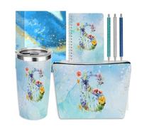 Personalized Gifts for Women Monogrammed Birthday Gifts for Women, Wife Girlfriend Christmas, Initial 20 oz Tumbler, Makeup Cosmetic Bag Cup Pens Journal Notebook 6 Set, (Aesthetic Blue Flower S)